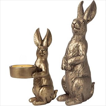 Golden Bunny Figurines Set of 2 Gilded Resin with Tealight Holder