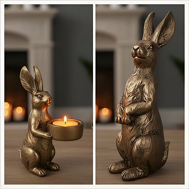 Golden Bunny Figurines Set of 2 Gilded Resin with Tealight Holder