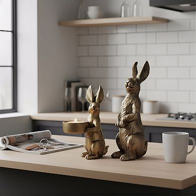 Golden Bunny Figurines Set of 2 Gilded Resin with Tealight Holder
