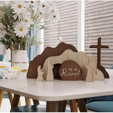 Jesus Nativity Resurrection Figurines with Wooden Cross for Table