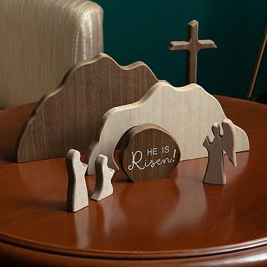 Jesus Nativity Resurrection Figurines with Wooden Cross for Table