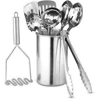Great Ambitions 10 pc Stainless Steel Kitchen Tool Set with Holder , Space-Saving