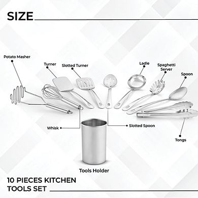 Great Ambitions 10-Piece Stainless Steel Kitchen Tool Set with Holder , Space-Saving