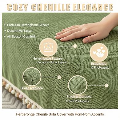 Vintage Couch Cover for Dogs Chenille with Tassel Herringbone