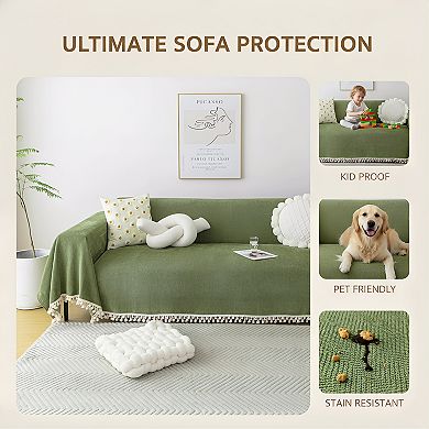 Vintage Couch Cover for Dogs Chenille with Tassel Herringbone