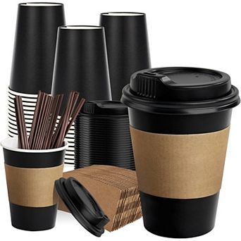 12 oz Paper Coffee Cups,100 Pack Black Disposable Coffee Cups with Lids, Sleeves and Stirring Sticks