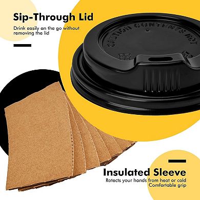 12 oz Paper Coffee Cups,100 Pack Black Disposable Coffee Cups with Lids, Sleeves and Stirring Sticks