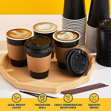 12 oz Paper Coffee Cups,100 Pack Black Disposable Coffee Cups with Lids, Sleeves and Stirring Sticks