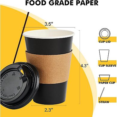 12 oz Paper Coffee Cups,100 Pack Black Disposable Coffee Cups with Lids, Sleeves and Stirring Sticks