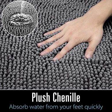 Great Ambitions Luxury Shaggy Bath Mat 24x60", Washable Non-Slip Rug, Gray