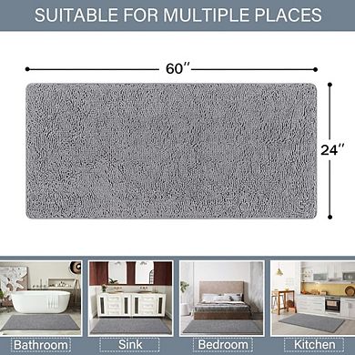 Great Ambitions Luxury Shaggy Bath Mat 24x60", Washable Non-Slip Rug, Gray