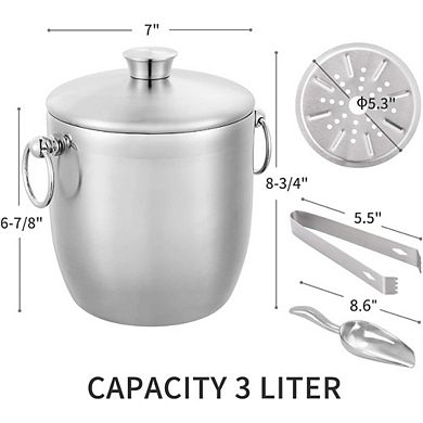 Great Ambitions 3L Stainless Steel Ice Bucket with Lid & Accessories, Keeps Ice Longer