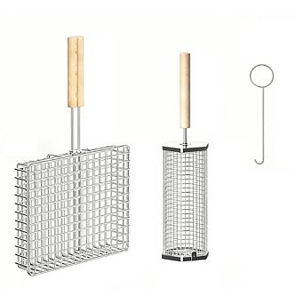 Grill Basket Set, 304 Stainless Steel with Removable Wood Handle, for Outdoor Cooking & Gifts