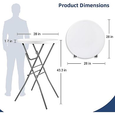 2 White 28in Round Bar Height Folding Tables, Portable for Patio, Backyard Parties and Events