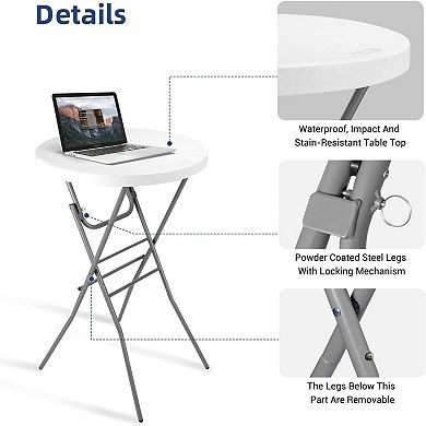 2 White 28in Round Bar Height Folding Tables, Portable for Patio, Backyard Parties and Events