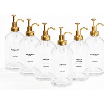 Great Ambitions Coffee Syrup Dispenser Set - 6 Glass Bottles with Gold Pump & Labels, 16.9 oz