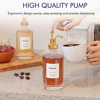 Great Ambitions Coffee Syrup Dispenser Set - 6 Glass Bottles with Gold Pump & Labels, 16.9 oz