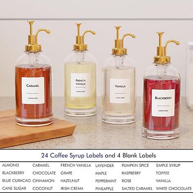Great Ambitions Coffee Syrup Dispenser Set - 6 Glass Bottles with Gold Pump & Labels, 16.9 oz