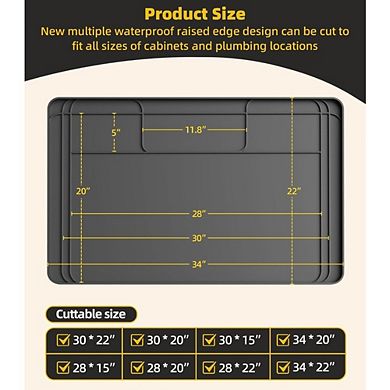 Great Ambitions 34"x22" Waterproof Under Sink Mat, Cut-to-Fit Silicone Drip Tray, Gray