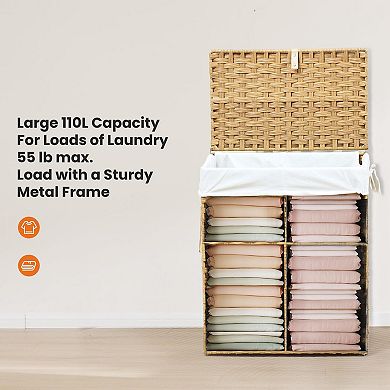 Woven Laundry Basket w/Lid: Removable Washable Liner, Foldable Rattan, Sturdy Frame, Large Capacity