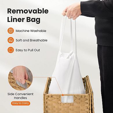 Woven Laundry Basket w/Lid: Removable Washable Liner, Foldable Rattan, Sturdy Frame, Large Capacity