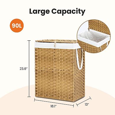 Woven Laundry Basket w/Lid: Removable Washable Liner, Foldable Rattan, Sturdy Frame, Large Capacity