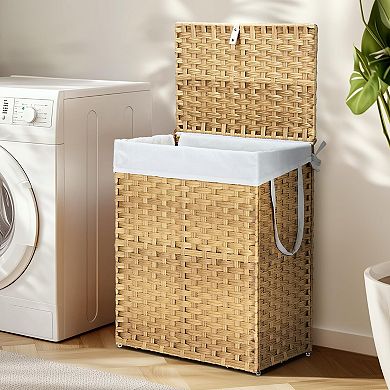 Woven Laundry Basket w/Lid: Removable Washable Liner, Foldable Rattan, Sturdy Frame, Large Capacity