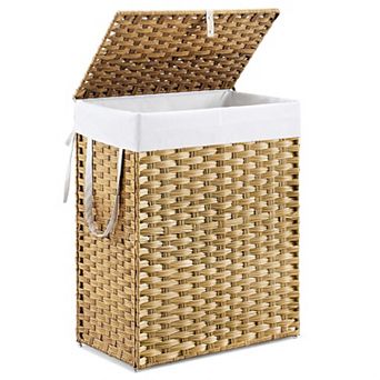 Woven Laundry Basket w/Lid: Removable Washable Liner, Foldable Rattan, Sturdy Frame, Large Capacity