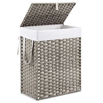 Woven Laundry Basket w/Lid: Removable Washable Liner, Foldable Rattan, Sturdy Frame, Large Capacity