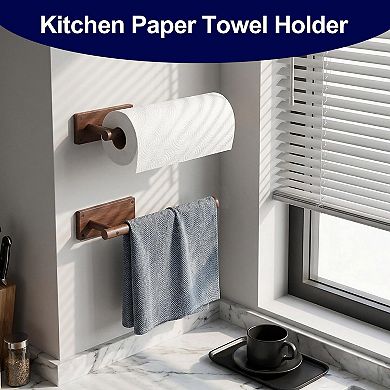 Wooden Paper Towel Holder Wall Mount Adhesive Under Cabinet Kitchen Bathroom Storage