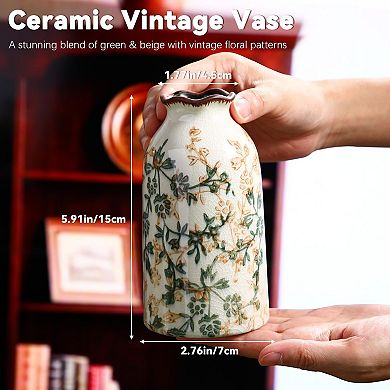 Green Vintage Ceramic Vase Rustic Crackle Glaze Farmhouse Decor Small