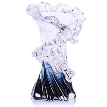 Hand Blown Blue Glass Vase 8" Wave Design Centerpiece Home Decor