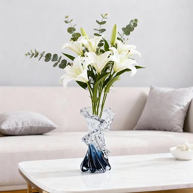 Hand Blown Blue Glass Vase 8" Wave Design Centerpiece Home Decor