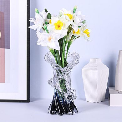 Hand Blown Blue Glass Vase 8" Wave Design Centerpiece Home Decor