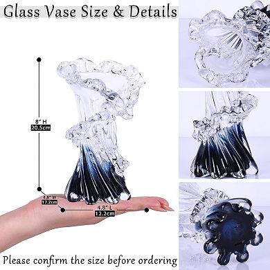 Hand Blown Blue Glass Vase 8" Wave Design Centerpiece Home Decor