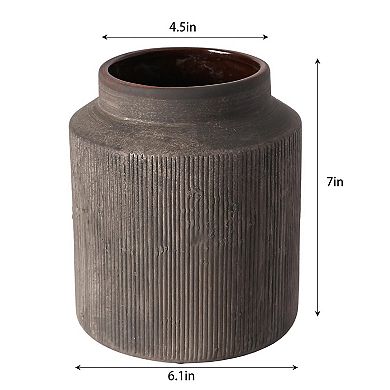 Rustic Ceramic Vase Terracotta Farmhouse Ribbed 6.1in Home Decor
