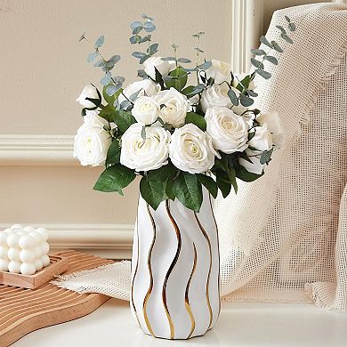 Ceramic vase, vertical stripes, home decoration, flowers, 9 inches