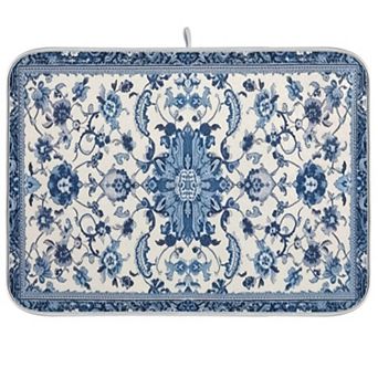 Dish Drying Mat Absorbent Blue White Pattern 18x24 Coffee Sink Drainer Pad