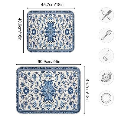 Dish Drying Mat Absorbent Blue White Pattern 18x24 Coffee Sink Drainer Pad
