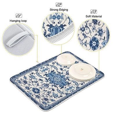 Dish Drying Mat Absorbent Blue White Pattern 18x24 Coffee Sink Drainer Pad