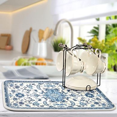 Dish Drying Mat Absorbent Blue White Pattern 18x24 Coffee Sink Drainer Pad