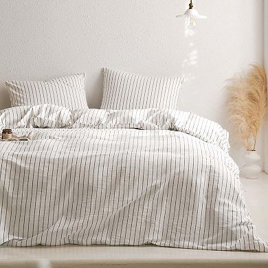 Washed Cotton Duvet Set with Striped Pattern - Queen Size