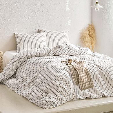 Washed Cotton Duvet Set with Striped Pattern - Queen Size