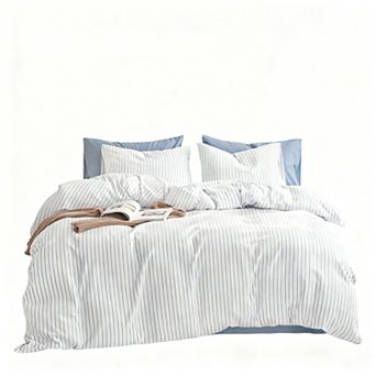 Washed Cotton Duvet Set with Striped Pattern - Queen Size