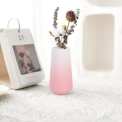 Gradient Pink Ceramic Vase with Small Flowers and Reed Grass, Home Country-Style Decoration