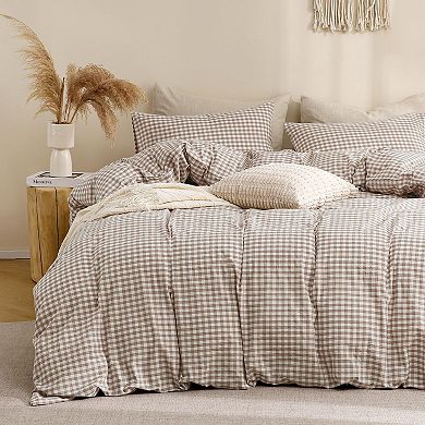 Soft Washed Cotton Plaid Three-Piece Bedding Set, Extra-Large Duvet Cover Set
