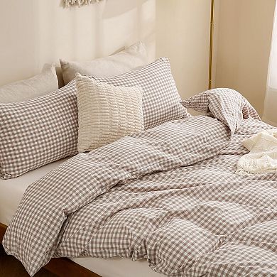 Soft Washed Cotton Plaid Three-Piece Bedding Set, Extra-Large Duvet Cover Set