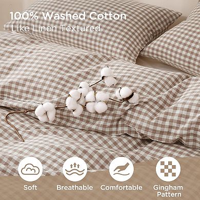 Soft Washed Cotton Plaid Three-Piece Bedding Set, Extra-Large Duvet Cover Set