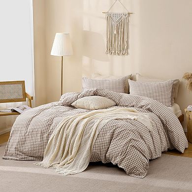 Soft Washed Cotton Plaid Three-Piece Bedding Set, Extra-Large Duvet Cover Set