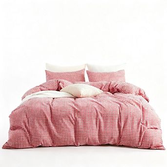 Soft Washed Cotton Plaid Three-Piece Bedding Set, Extra-Large Duvet Cover Set